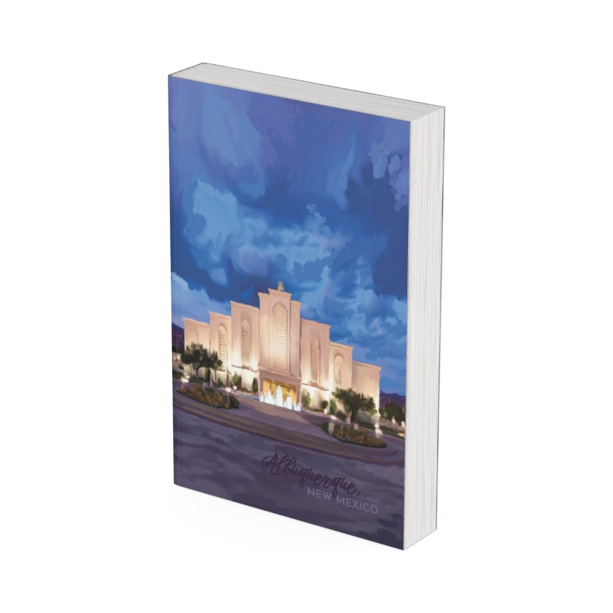 A beautifully painted digital art piece of the Albuquerque New Mexico Temple made into a lovely temple journal.
