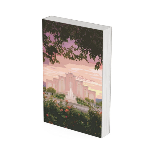 A beautifully painted digital art piece of the Albuquerque New Mexico Temple made into a lovely temple journal.