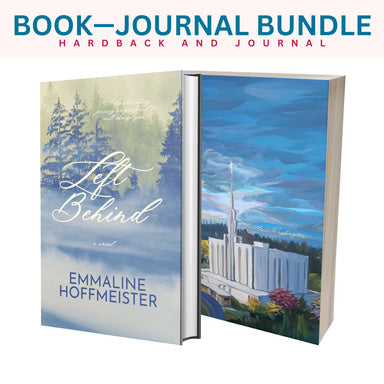 Book and journal bundle with 'Left Behind' and 'Seattle, Washington Temple Journal' by Emmaline Hoffmeister on a white background