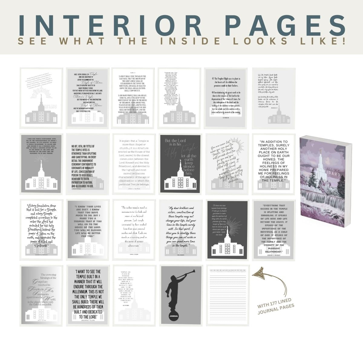 The interior journal pages of the Idaho Falls, Idaho temple journal featuring over 20 quotes, scriptures, and images of the temple along with lined journal pages.