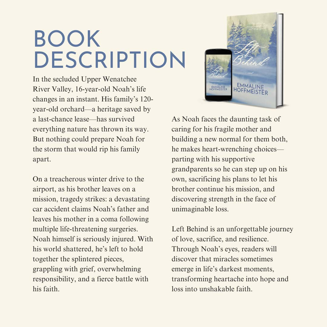 The book description for Left behind; An LDS Christian Fiction novel by Emmaline Hoffmeister.