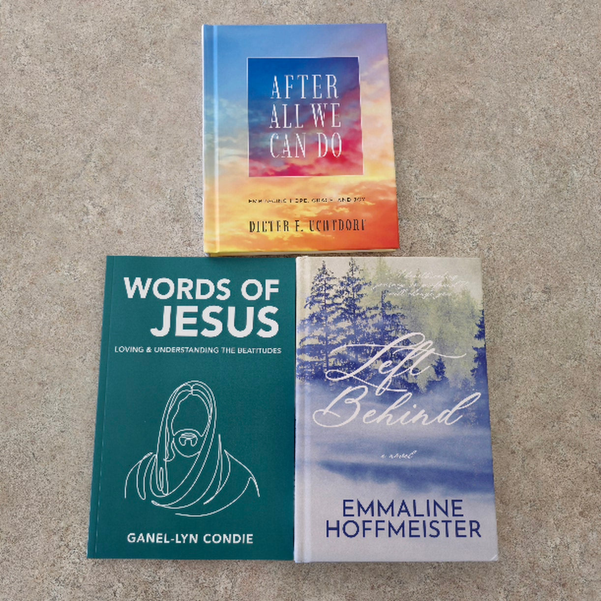 Books from Deseret Books; Elder Dieter F Uchtdorf After all we can do, Ganel-Lyn Condie Words of Jesus, and Left Behind Emmaline Hoffmiester