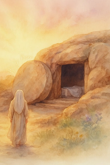 Artistic depiction of Mary standing at the entrance of an open tomb with a large stone rolled away, set against a warm, sunset sky.