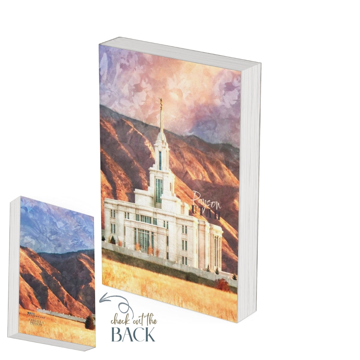 The front and back cover of the Payson Utah Temple Journal designed by Emmaline at Paperbound.