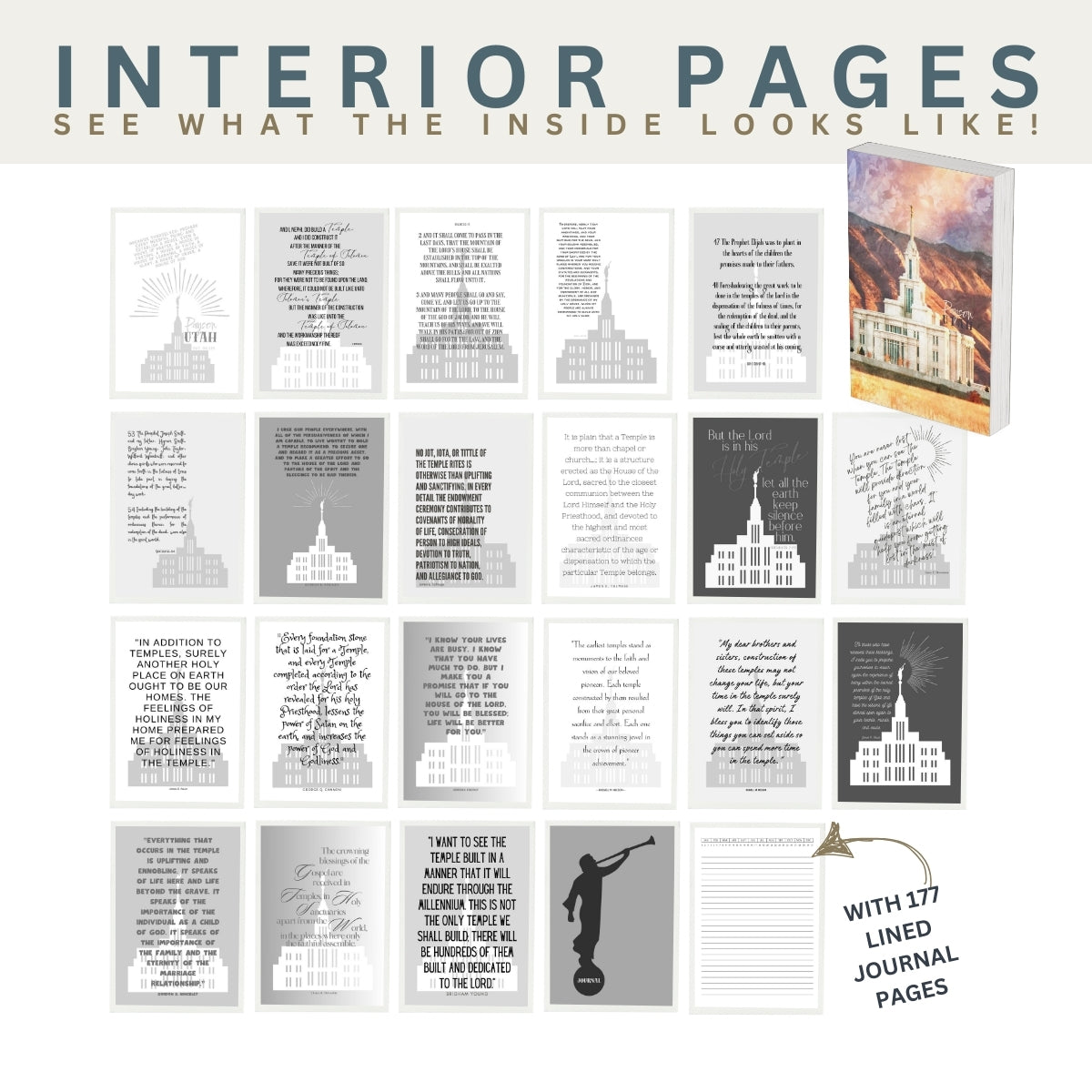The sample interior journal pages in the Payson Utah Temple Journal designed by Emmaline at Paperbound.