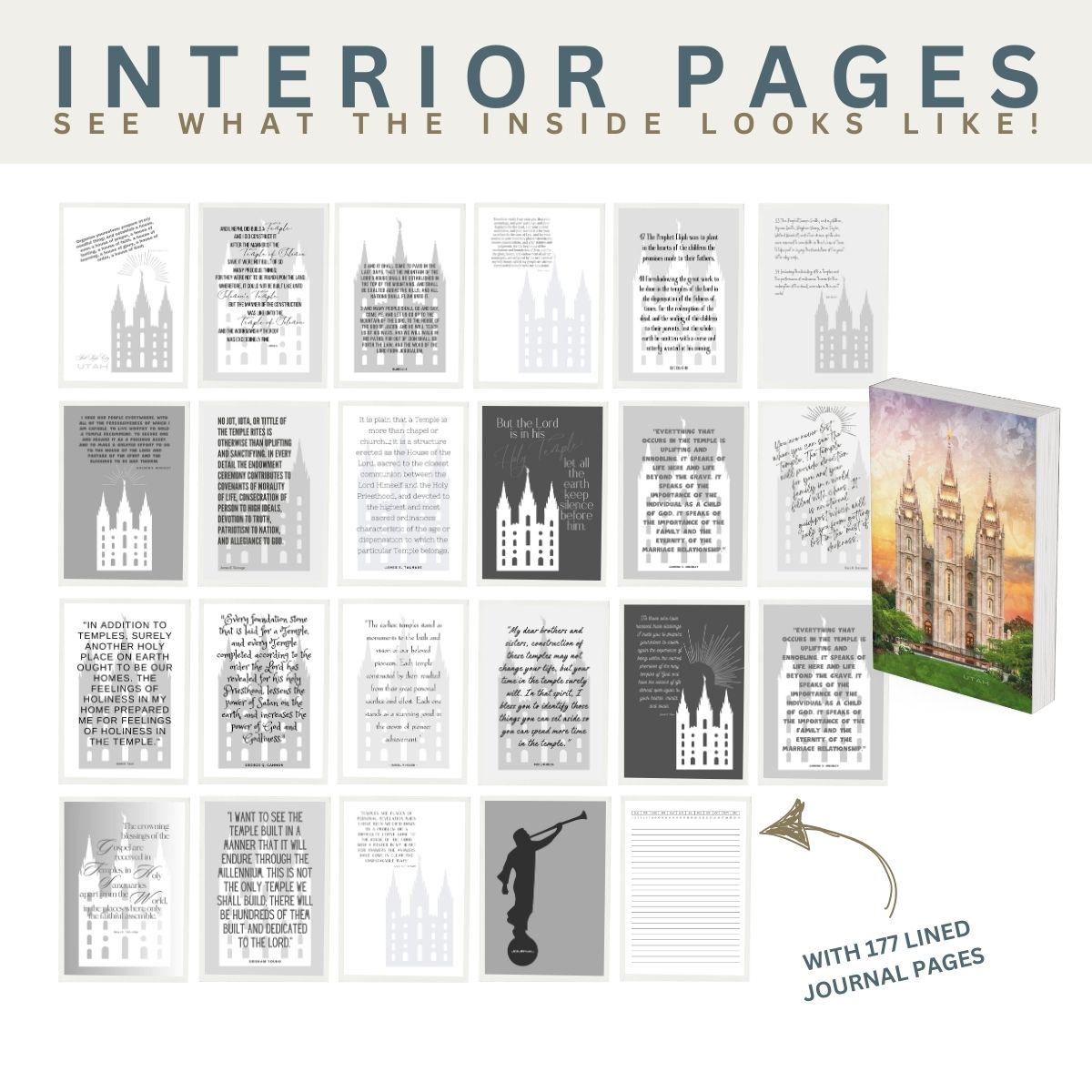 The interior journal pages of the Salt Lake City, Utah temple journal featuring over 20 quotes, scriptures, and images of the temple along with lined journal pages.