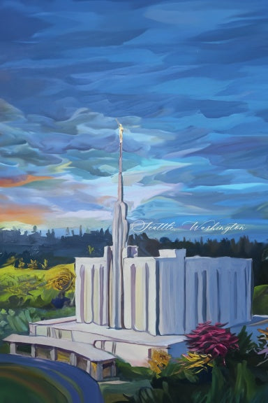 Painting of the Seattle, Washington temple with a colorful sky and landscape.