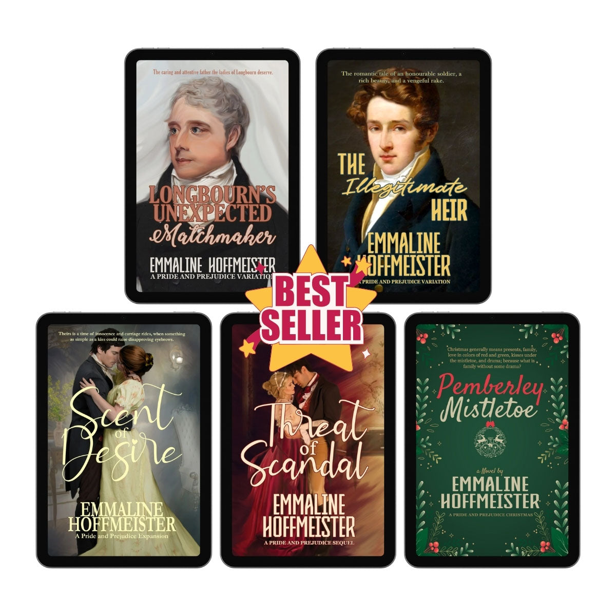 Immerse yourself in five of Emmaline Hoffmeister’s Pride and Prejudice variations, filled with Regency romance, wit, and heartwarming love stories.