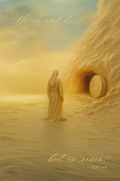 Mary in a desert landscape with the empty tomb, symbolizing resurrection.