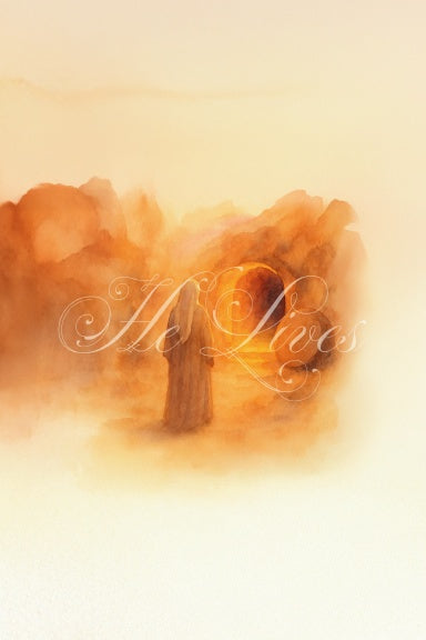 Artistic depiction of Mary at the Empty Tomb with 'He Lives' text on a warm-toned background