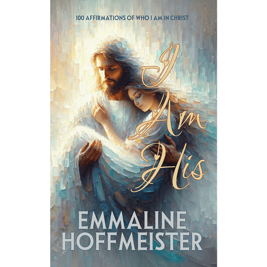 Book cover of 'I Am His' by Emmaline Hoffmeister featuring a painting of Jesus Christ carrying a woman through her trials.