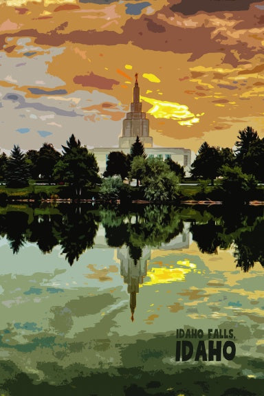 Simplified illustration of a building with trees and water reflection, labeled 'Idaho Falls, Idaho'.