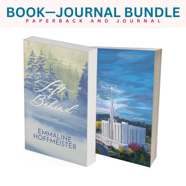 Book and journal bundle with scenic covers on a white background. 'Left Behind' by Emmaline Hoffmeister and "Seattle, Washington Temple Journal'.