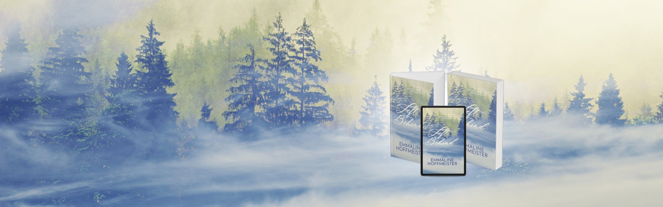 A book sales banner for author Emmaline Hoffmeister's website. The banner is an image of a winter forest with 3D mockups of the book Left Behind.