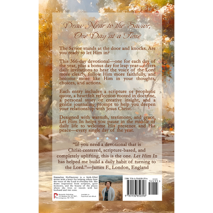 Back cover of a book with text and a barcode, featuring a scenic background. 'Let Him In' by Emmaline Hoffmeister.