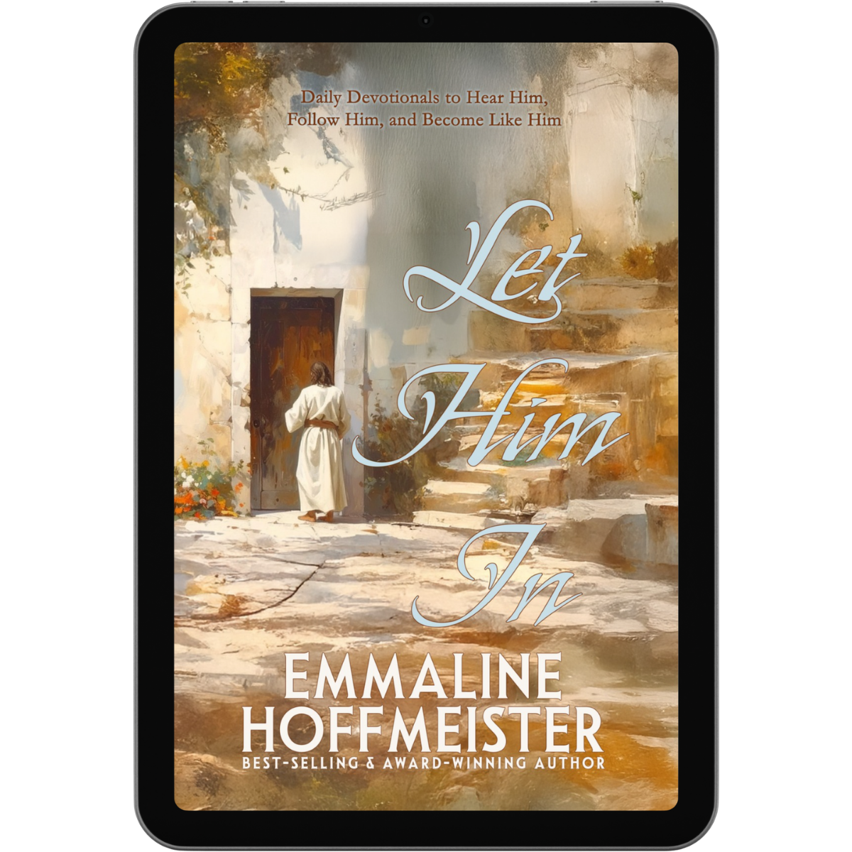Digital book cover of 'Let Him In' by Emmaline Hoffmeister on a tablet screen.