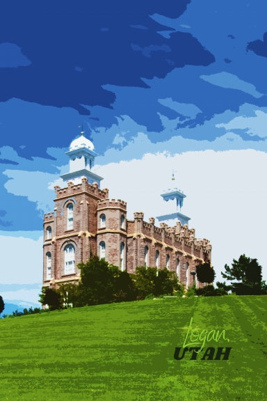 The Logan, Utah Temple on a grassy hill with a blue sky in the background, featuring the text 'Logan, Utah'.
