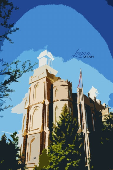 Tall stone tower with a blue sky background, featuring the word 'Logan' and 'Utah'. This is the Logan, Utah Temple.