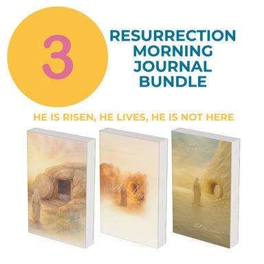 Three resurrection-themed journals with a yellow circle and text on a white background.
