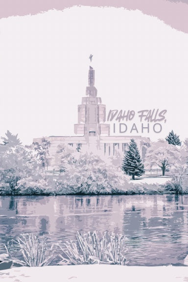Temple with 'Idaho Falls, Idaho' text in a snowy landscape